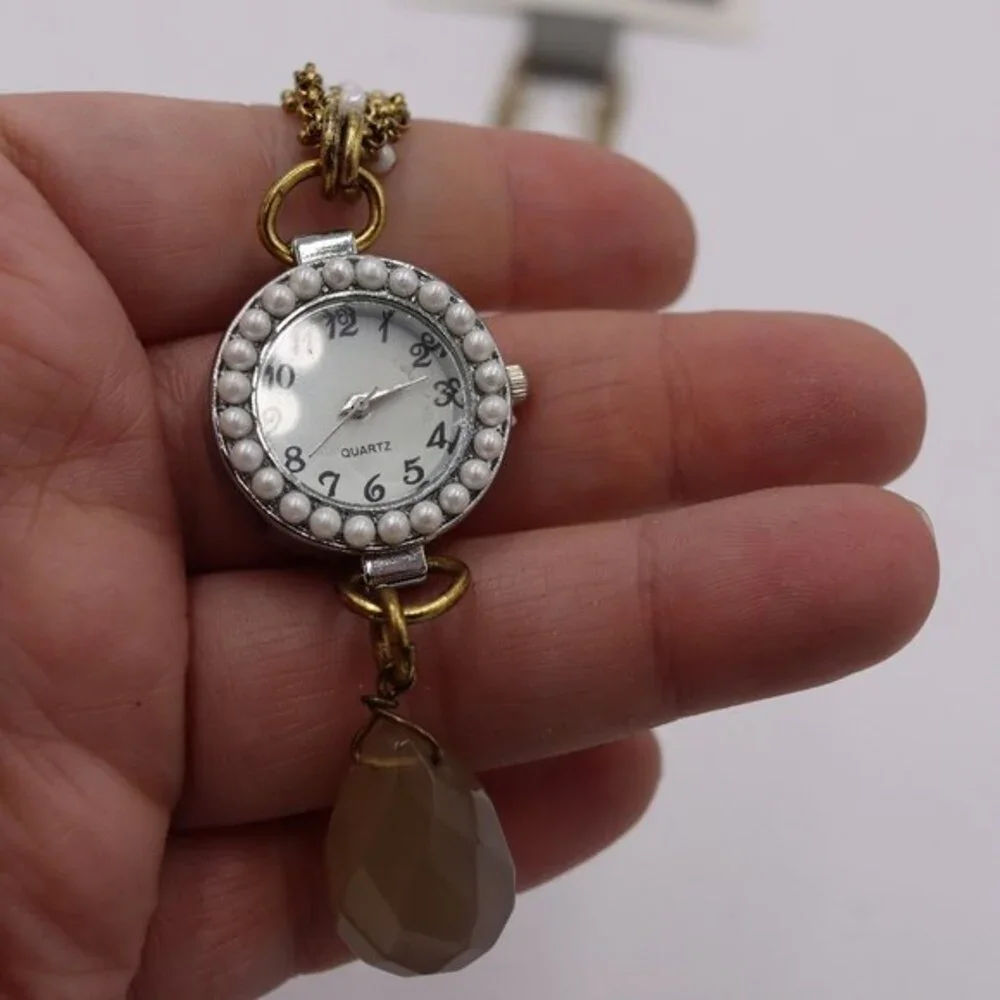 Anthropologie Bronze Tone & Pearl Accent Watch Necklace